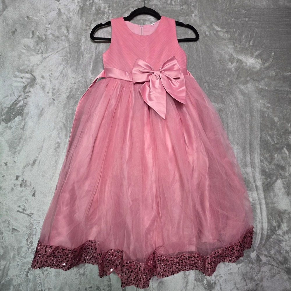 Unbranded Pink Tulle Sequin Hem Formal Party Dress Girls Size 8Y Sleeveless Bow